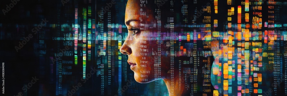 Poster a human silhouette overlays rows of genetic code, illustrating the link between genetics and identit