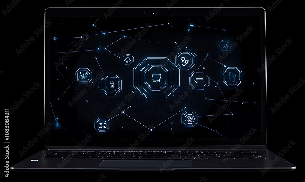 Aufkleber a laptop displaying a futuristic interface with interconnected digital icons.