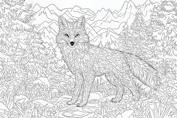Intricate Adult Coloring Page, Majestic Fox in Mountain Landscape, Detailed Illustration