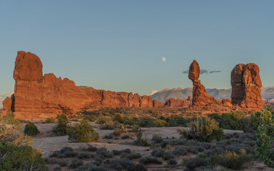 Balanced Rock formation in Arches National Park at sunset