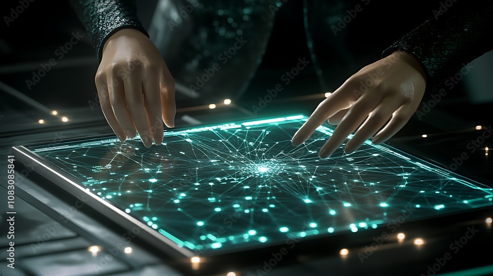 Aufkleber a futuristic interface with hands interacting with a glowing digital network.