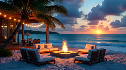 Fototapeta premium A peaceful beachfront retreat featuring a cozy fire pit and twinkling lights, creating a serene atmosphere for an unforgettable sunset experience.
