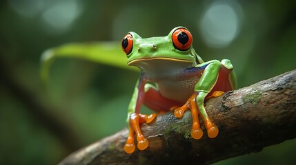 Fototapeta premium Agalychnis gliding tree frog displayed on vibrant leaves in habitat.