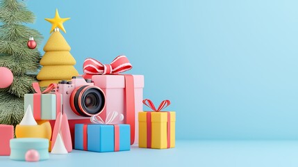 A camera and gifts sit in front of a Christmas tree on a blue background.