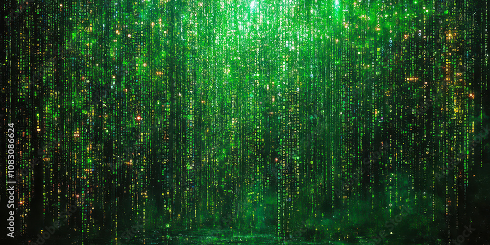 Poster futuristic digital binary code background with abstract green glowing data stream design
