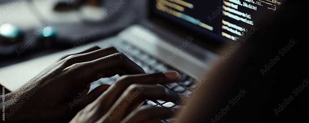Aufkleber close-up of hands typing on a laptop, displaying code on the screen.