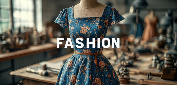 Fashion Design Studio Banner with Dress and Fabric in Tailor Workshop