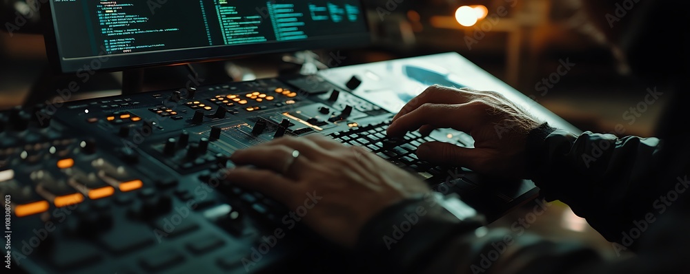 Poster a person operates a control panel with screens displaying data and code.