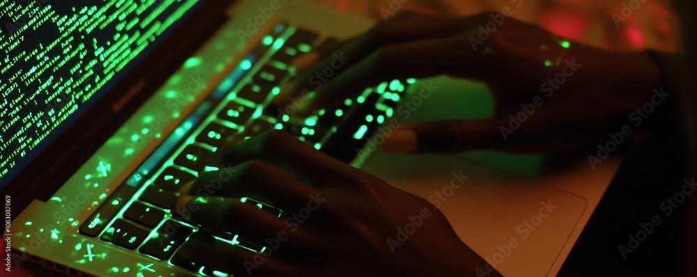 Poster hands typing on a laptop with green code reflecting on the keyboard.