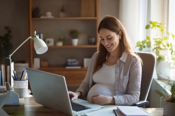 Fototapeta premium Pregnant woman executive working at her desk in a modern office, showcasing productivity and professionalism