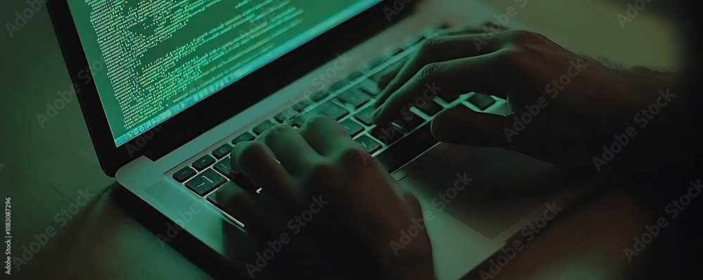 Aufkleber a person typing on a laptop with green code displayed on the screen in a dimly lit environment.