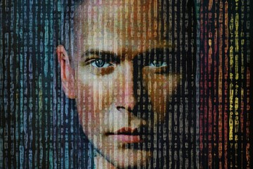 Genetic code symbols fill the background, while a human figure emerges, symbolizing the blend of biology and technology in identity. Generative AI