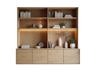 wooden cabinet with shelves and decorative objects.Isolated PNG