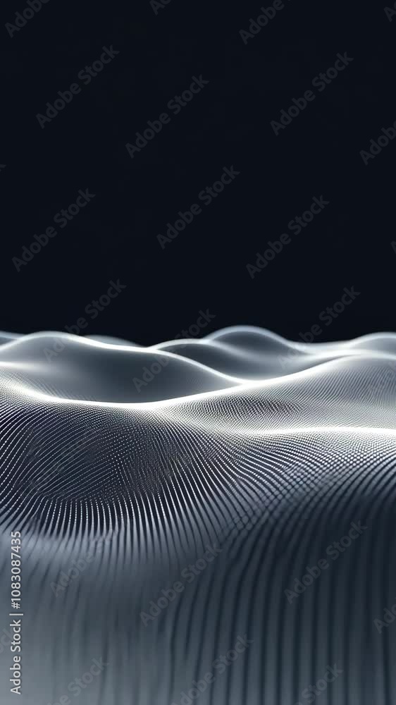 Poster a digital rendering shows a grayscale landscape of smoothly flowing, particle-based waves