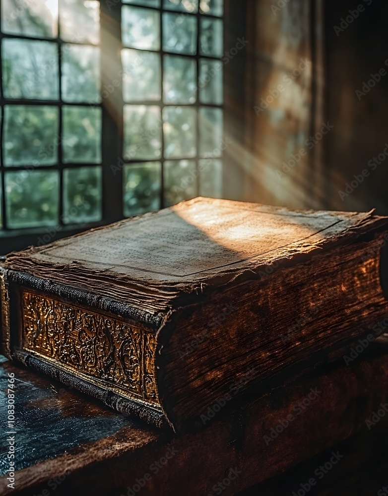 Poster A weathered book rests on a table, illuminated by soft sunlight streaming through windows.