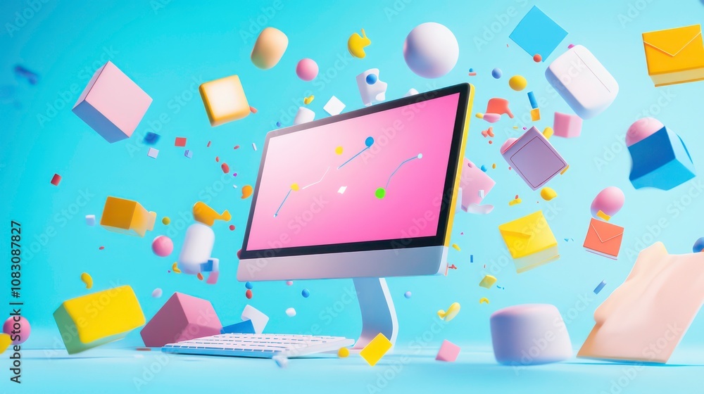 Poster a computer monitor with a pink screen and a chart on it, surrounded by colorful, 3d geometric shapes