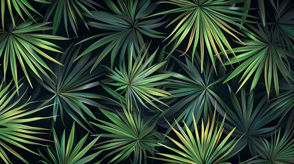 Fototapeta premium A vibrant pattern of tropical leaves in various shades of green against a dark background.