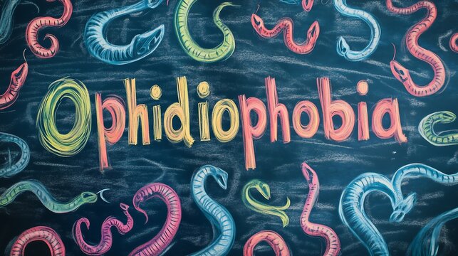 Colorful chalk art illustrating ophidiophobia word with various snake designs on a blackboard.