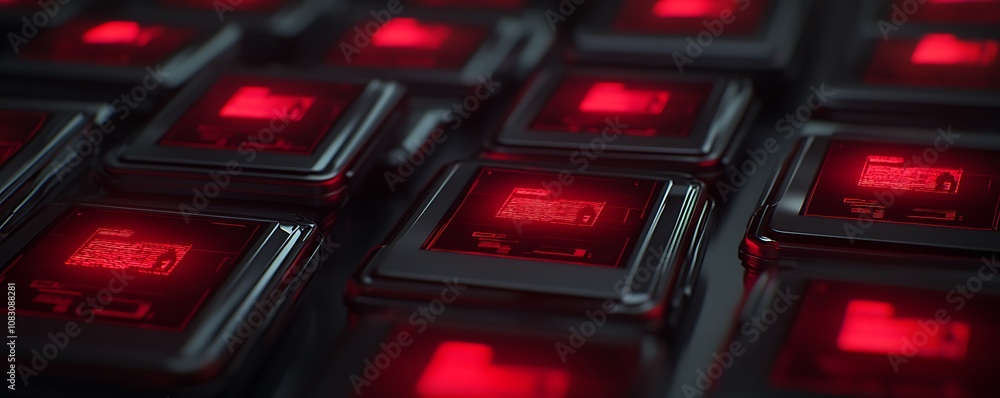 Poster a close-up view of glowing red electronic components arranged in a grid pattern.