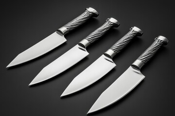 Modern sharp kitchen knife set on dark background made of cast steel