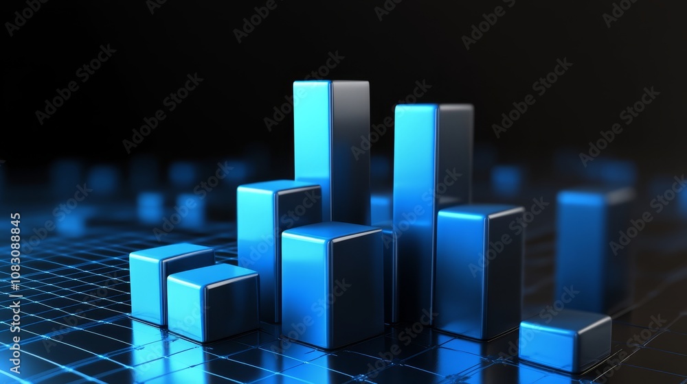 Poster Glossy Translucent 3D Chart on Grid, Data Visualization Background with Blue Accents.