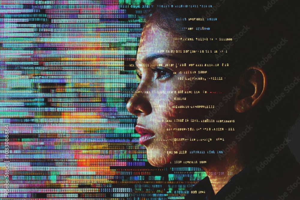 Poster a human silhouette is subtly layered over vibrant rows of genetic code, highlighting the fusion of b