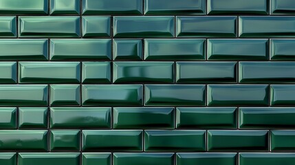 A close-up of glossy green rectangular tiles arranged in a brick pattern, ideal for interior design.
