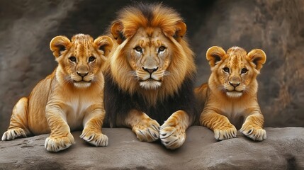 Obraz premium Majestic Male Lion with Two Adorable Cubs Posing on a Rocky Terrain, Wildlife Family Portrait.