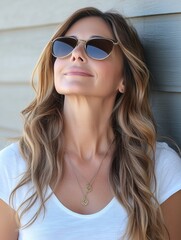 Naklejka premium portrait of a woman looking at the sky, health and beauty ad concept