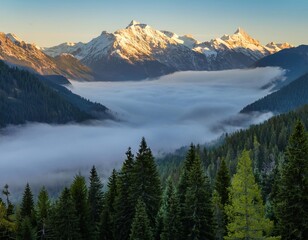 Rolling Fog Over a Quiet Mountain Valley, Surrounded by Snow-Capped Peaks and Dense Pine Forests, Creating a Mysterious Atmosphere as the First Light of Dawn Breaks