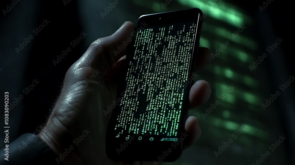 Poster a hand holding a smartphone displaying green matrix-like code on the screen.