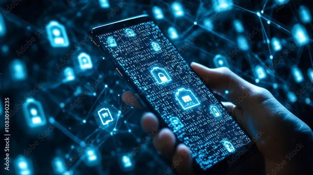 Poster a hand holding a smartphone displaying digital security icons and data.