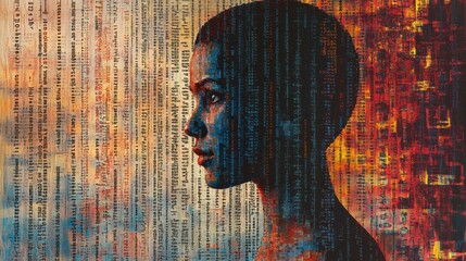 Rows of genetic code symbols layered over a human profile, illustrating the intricate relationship between DNA and identity. Generative AI