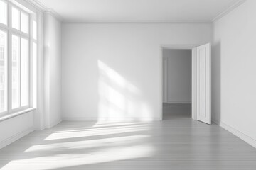 Fototapeta premium White wall background simple living room decor featuring a TV unit