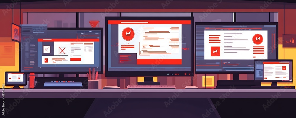 Poster a digital workspace featuring multiple screens displaying data and analytics in red tones.