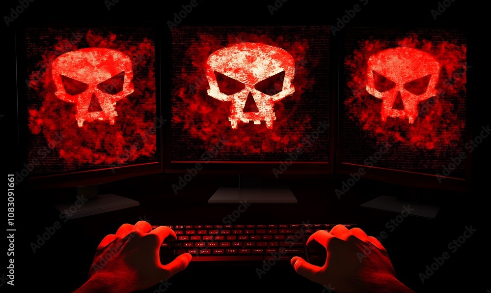Poster a dark scene featuring hands on a keyboard with three monitors displaying glowing red skulls.
