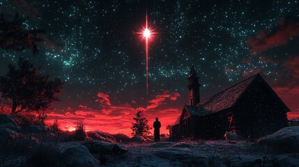 Obraz premium Holy nativity scene at sunrise with comet and starry sky in background