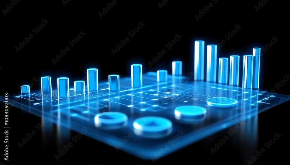 Poster glossy, translucent 3d chart and graph analytics rendered with blue accents on a dark background