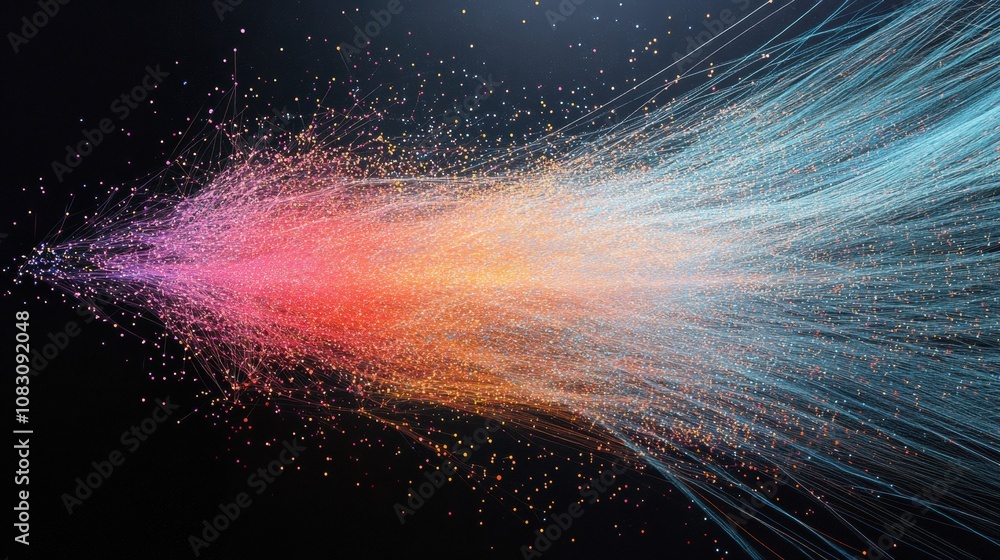Poster This artwork showcases a data cloud with thin lines extending outward, conveying a sense of movement and digital connectivity. Generative AI