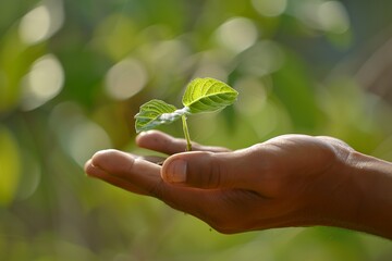 Hand holding a small plant sprout, symbolizing growth and sustainability for...