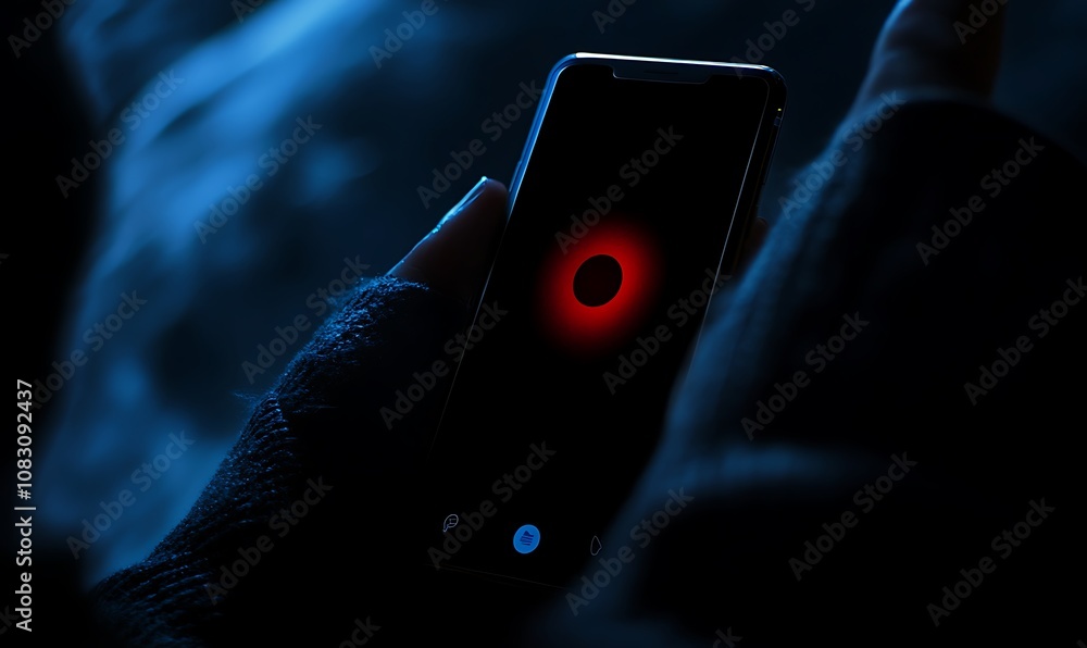 Poster a person holds a smartphone displaying a glowing red circle in a dark environment.