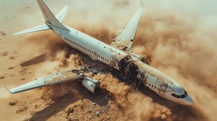 Abandoned Plane Wreckage Buried in Sand Under Harsh Desert Sun
