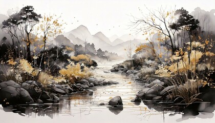 Akwarelowy pejzaż ze strumykiem, skałami, drzewami, roślinami i g&oacute;rami w tle. Ilustracja, grafika.