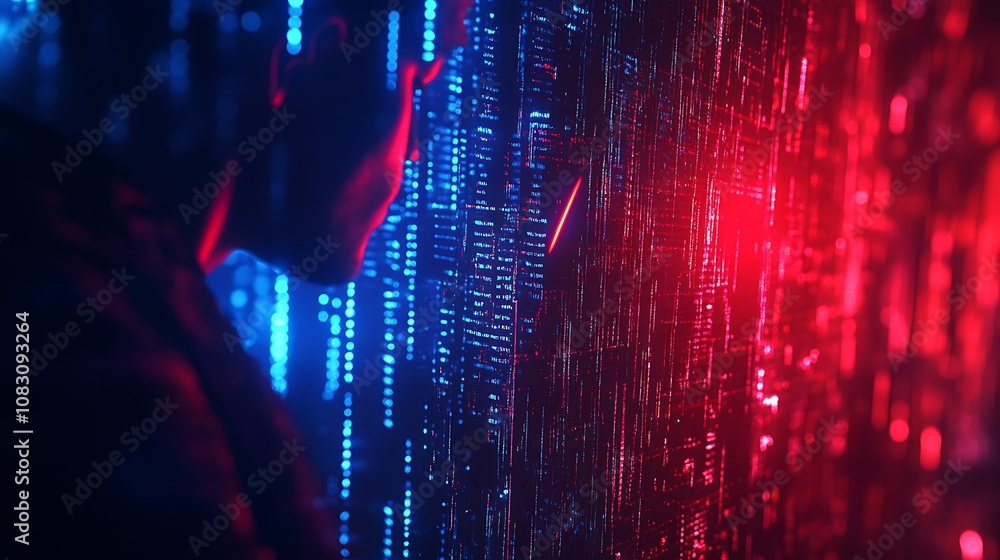 Poster a figure interacts with a glowing digital interface of data streams in blue and red tones.
