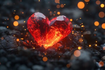 A glowing red crystal heart surrounded by dark rocks and shimmering embers in a mystical environment
