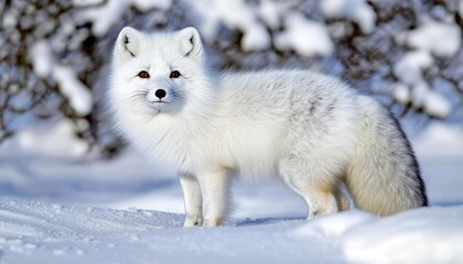 Naklejka premium White Arctic Fox On Alert in Snow Covered Nature, Winter in the Arctic, Wildlife Scene