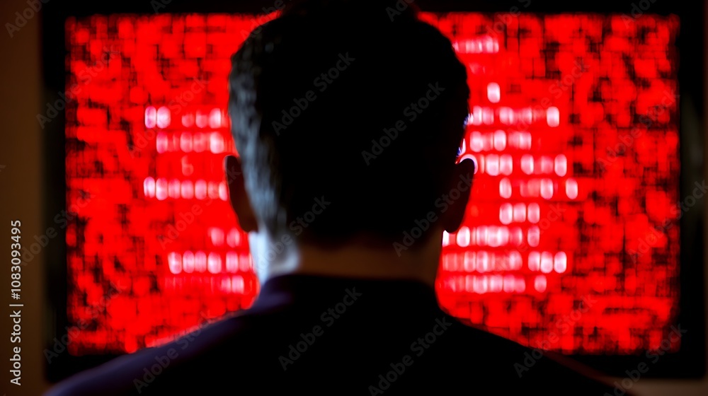 Poster a person viewing a screen displaying red text, suggesting a digital or technological theme.