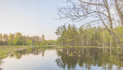 Obraz premium Calm lake with a car parked on the shore