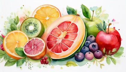 Naklejka premium 수채화로 그린 다양한 과일의 단면