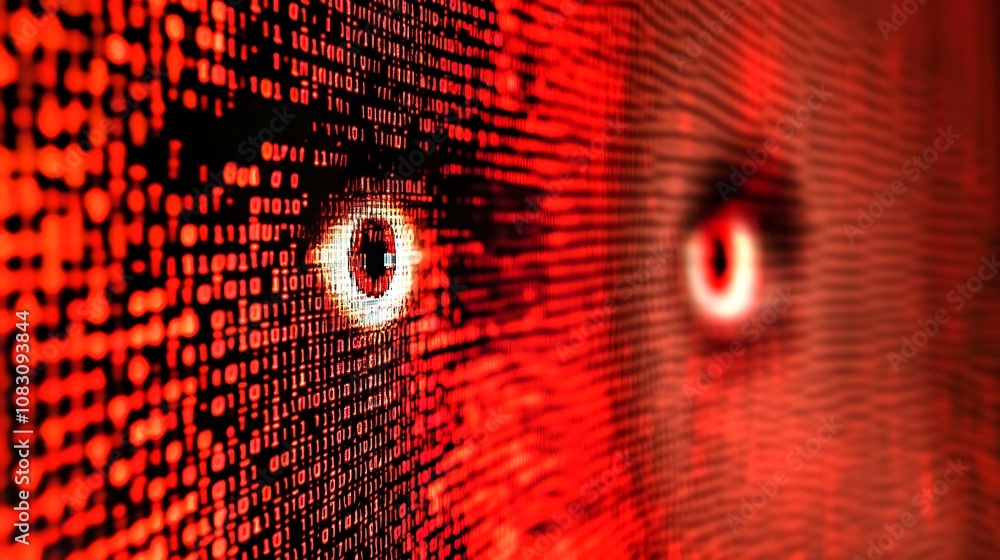 Poster a digital representation of eyes amidst binary code, evoking themes of surveillance and technology.